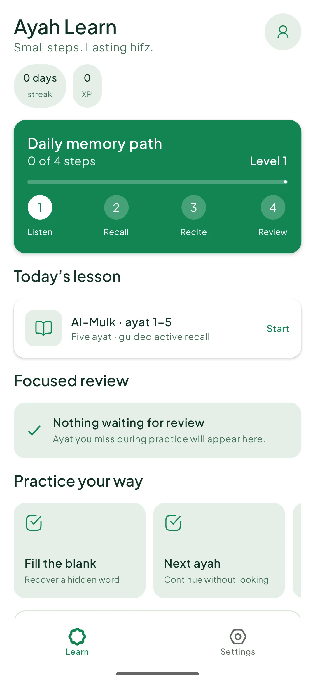 Ayah Learn daily memory path, lesson, focused review, and practice choices