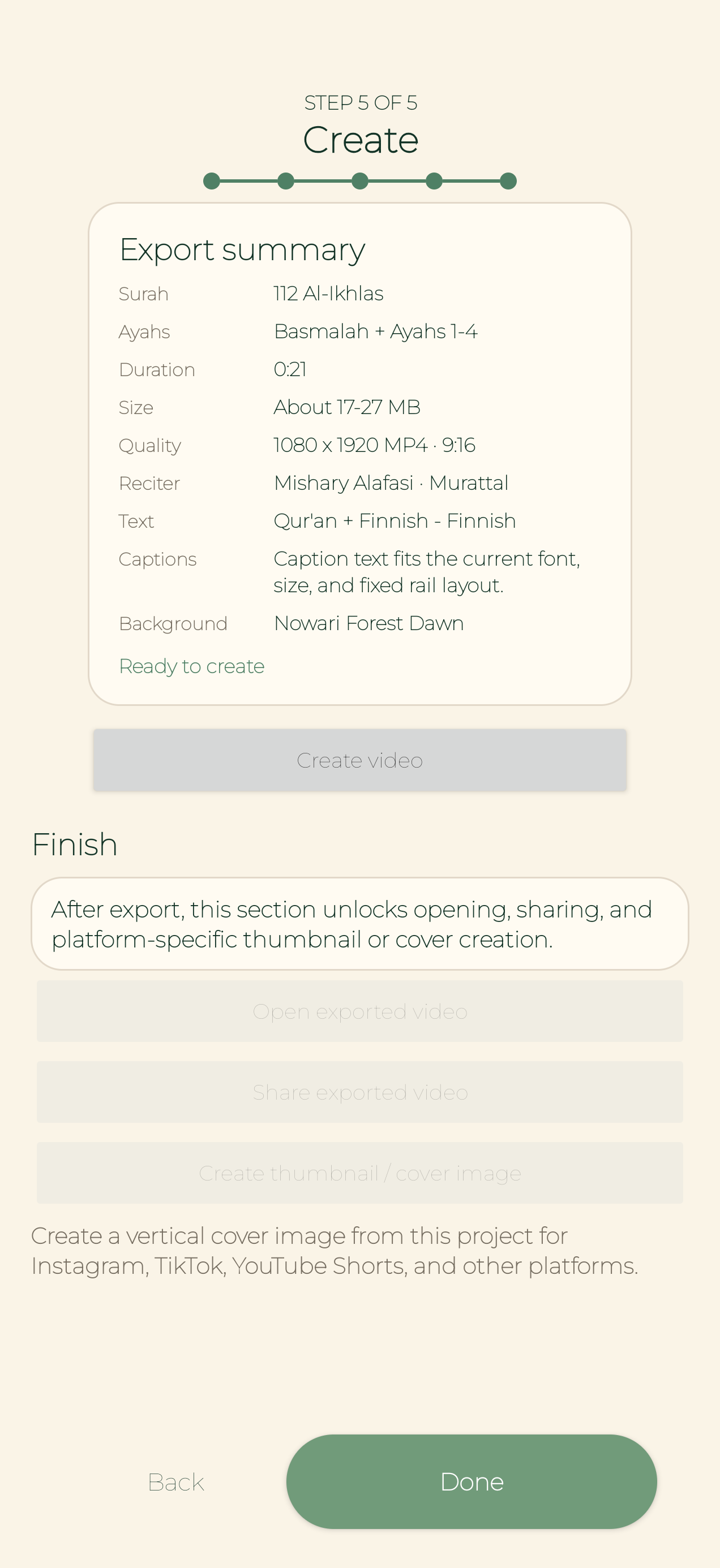 Ayah Studio export screen